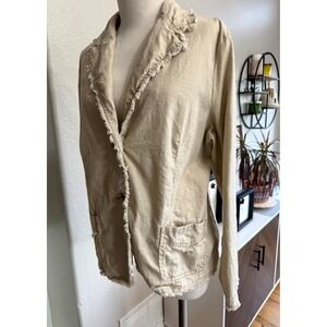 Linen Blend Blazer Light Jacket Women's Size L Beige Frayed Edge Boho Minimalist
